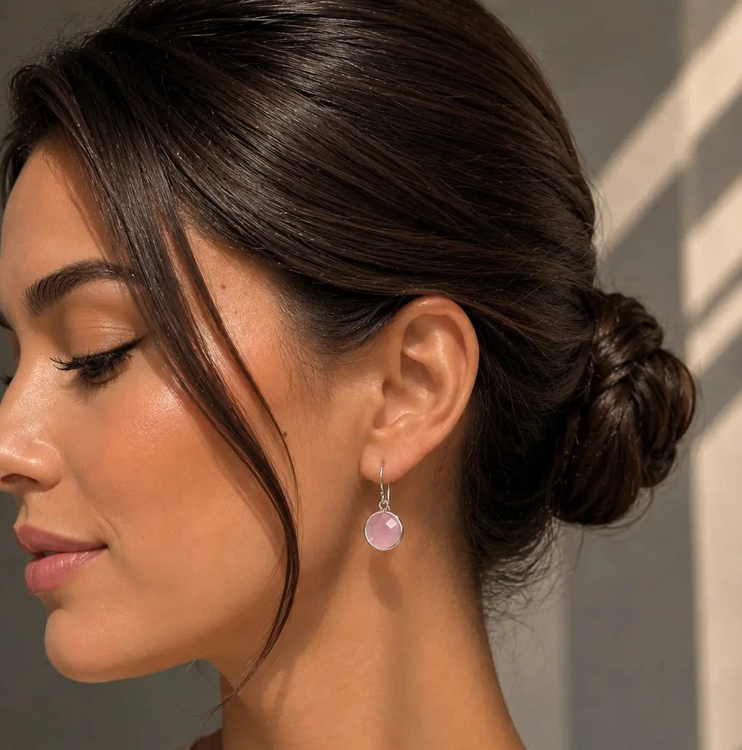 Boucles d'Oreilles en Argent Rhodié et Quartz Rose Facetté – Pierre Lannier