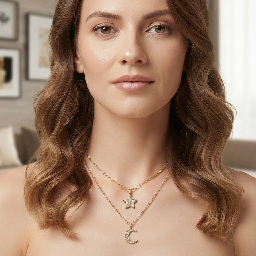 Collier Double Chaîne Lune & Étoile Strass