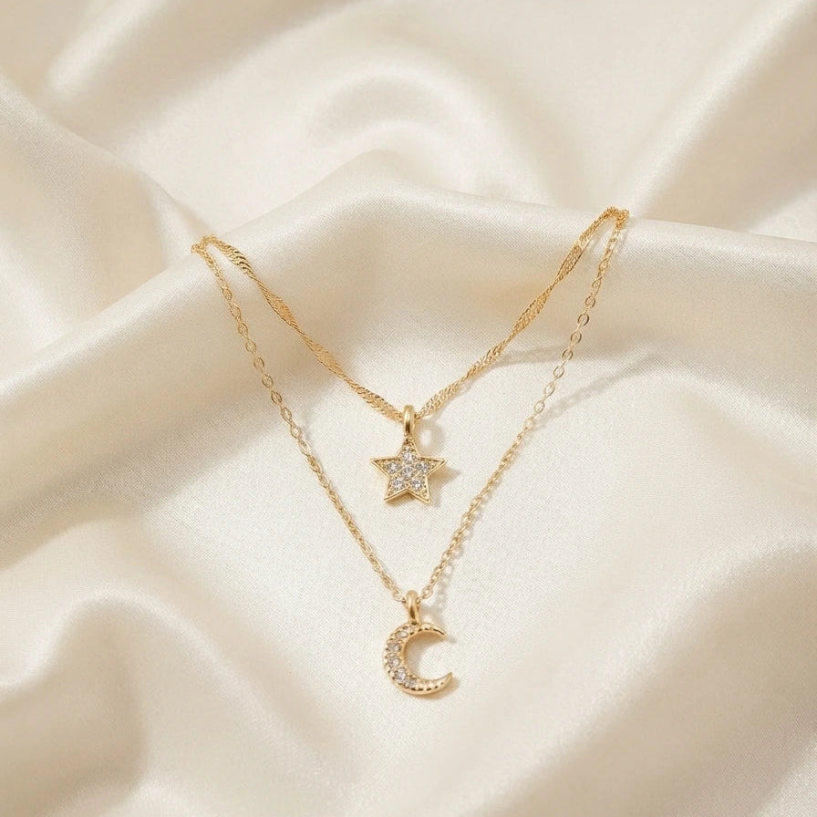 Collier Double Chaîne Lune & Étoile Strass