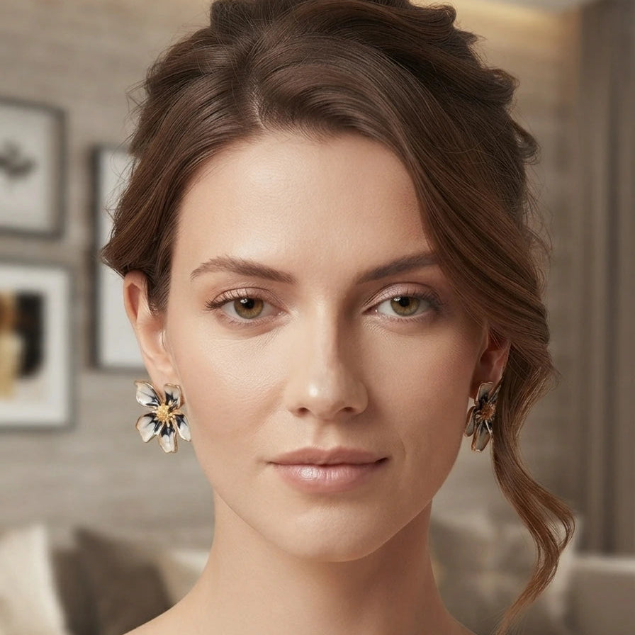 Boucles d'Oreilles Puces "Fleur Émaillée" – Noir, Blanc & Doré