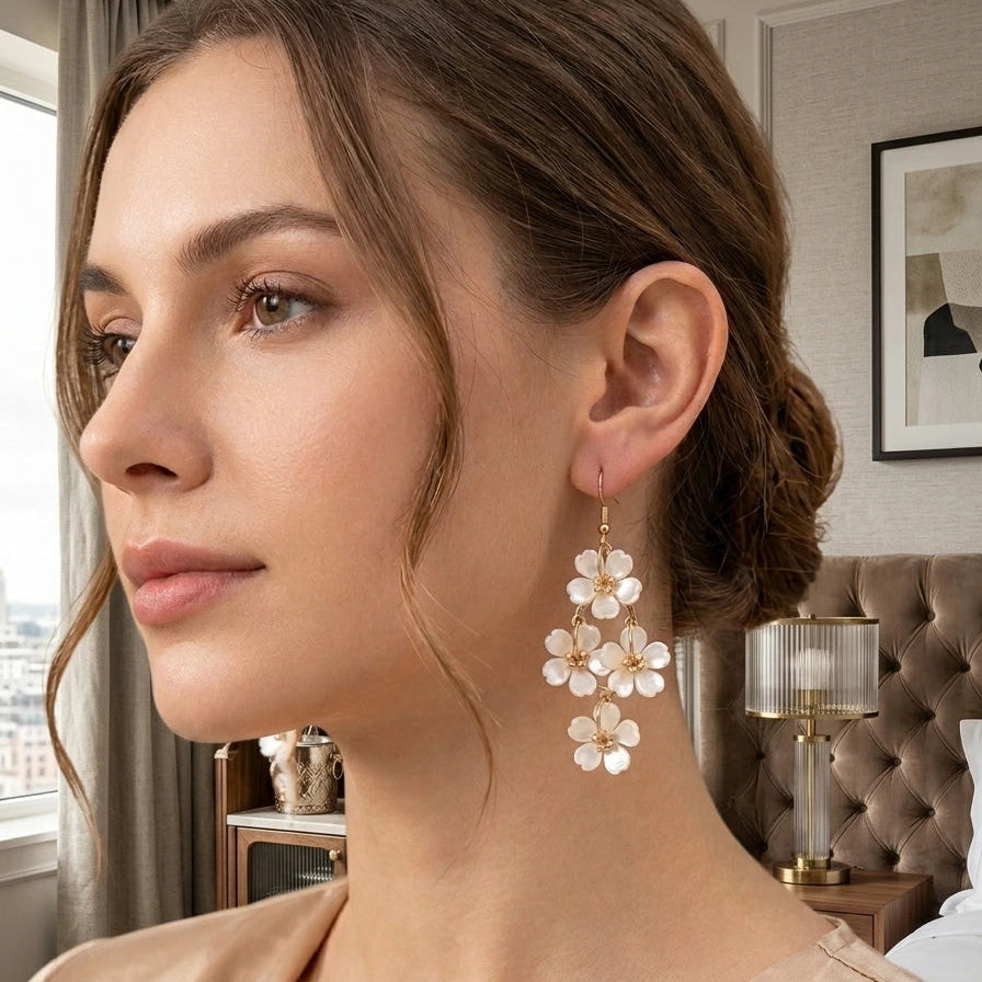Boucles d’Oreilles Pendantes « Cascade Nacre & Or Floral »