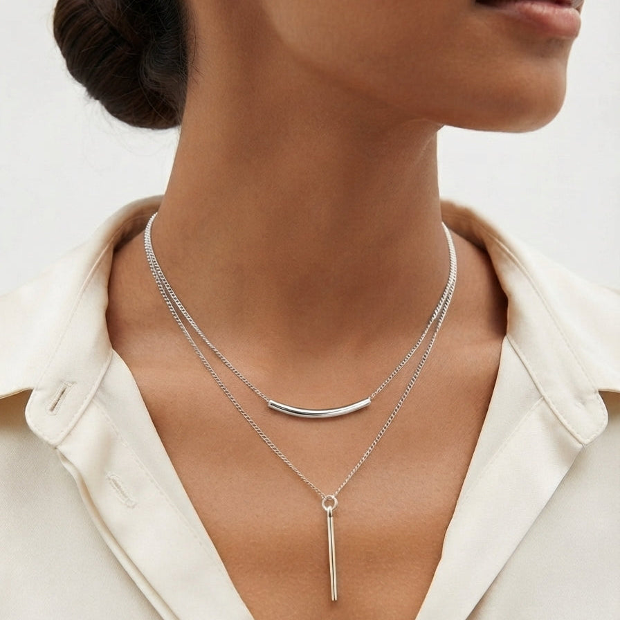 Collier Double Chaîne Épure Argenté