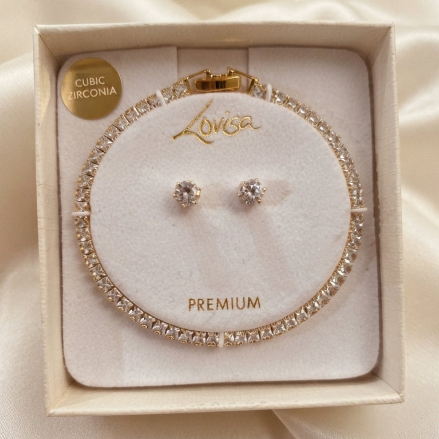 Bracelet Rivière et Puces d'Oreilles en Zirconium Doré