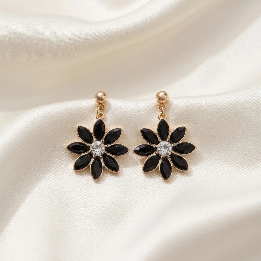 Boucles d'oreilles pendantes fleurs cristaux noirs