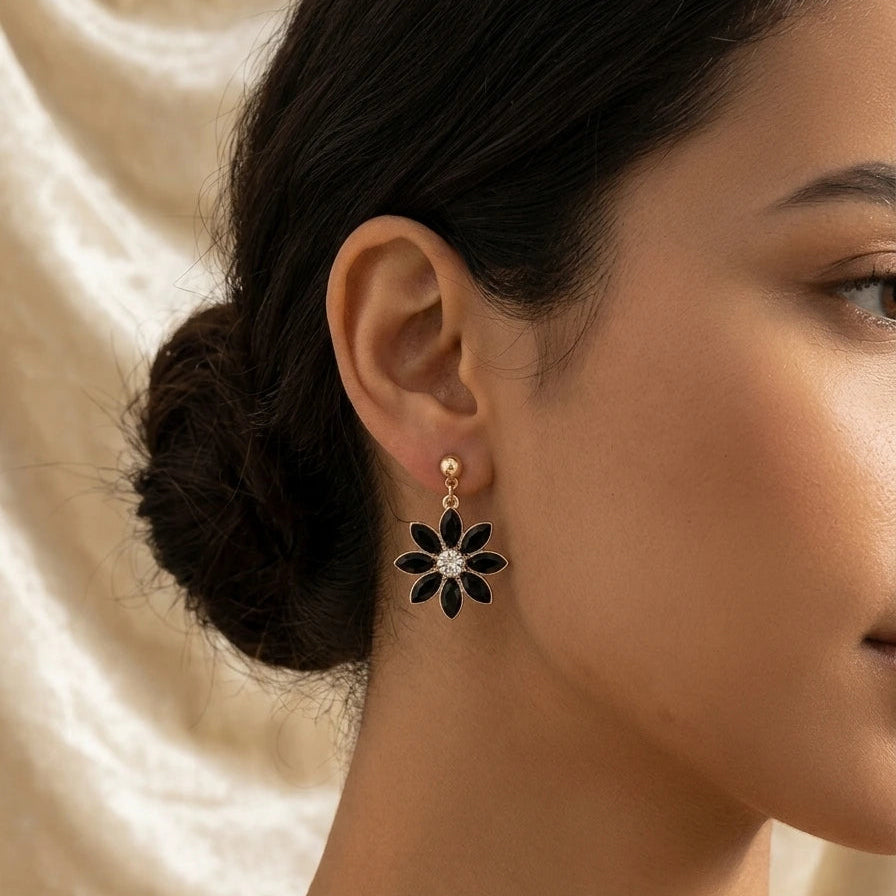 Boucles d'oreilles pendantes fleurs cristaux noirs