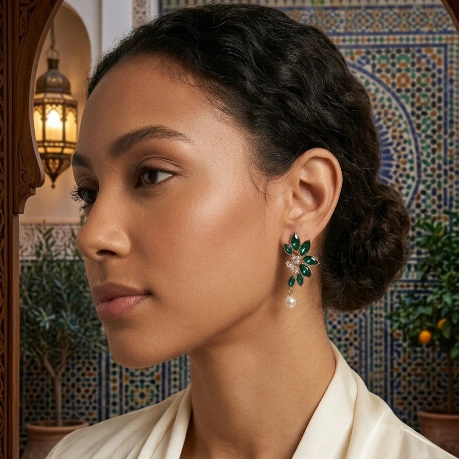 Boucles d'oreilles puces ornées de strass verts et perle