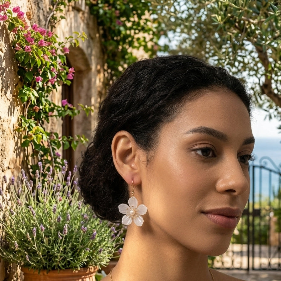 Boucles d'oreilles pendantes fleur blanche