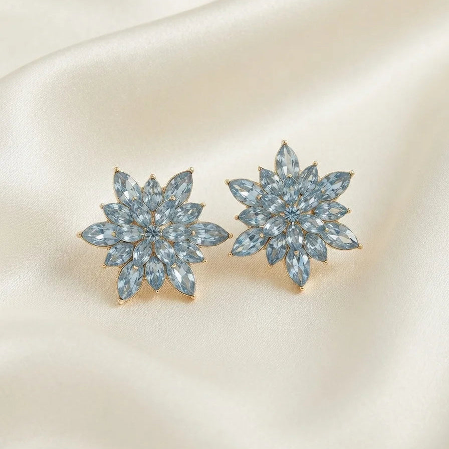 Boucles d'Oreilles Fleur Cristal Bleu Dorées