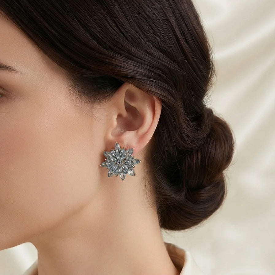 Boucles d'Oreilles Fleur Cristal Bleu Dorées