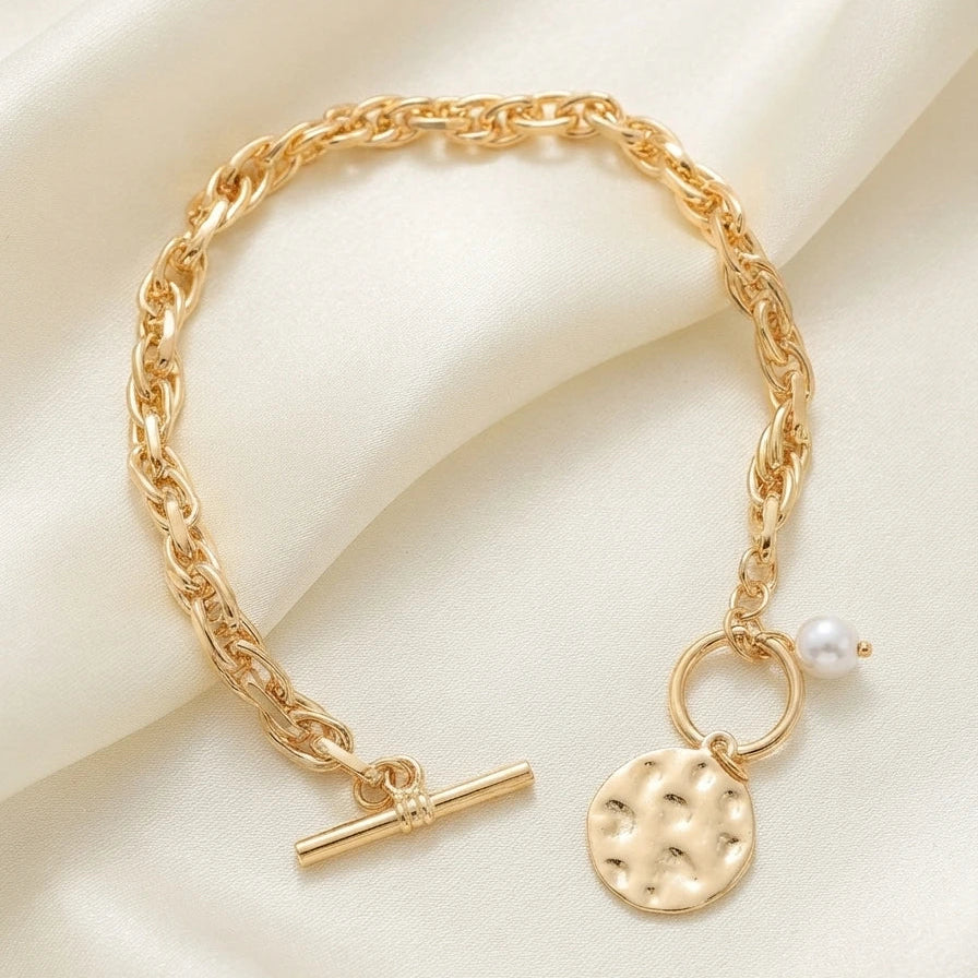 Bracelet Maillons T-Bar et Médaille Texturée