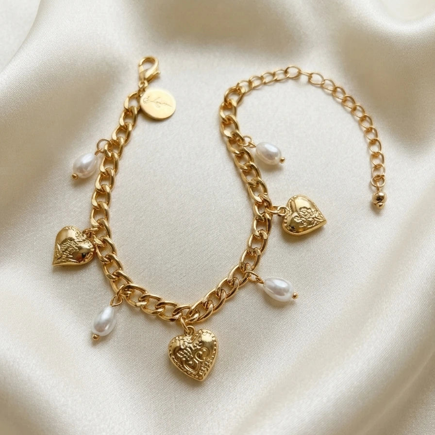 Bracelet Chaîne Cœurs et Perles "Amour Éternel"