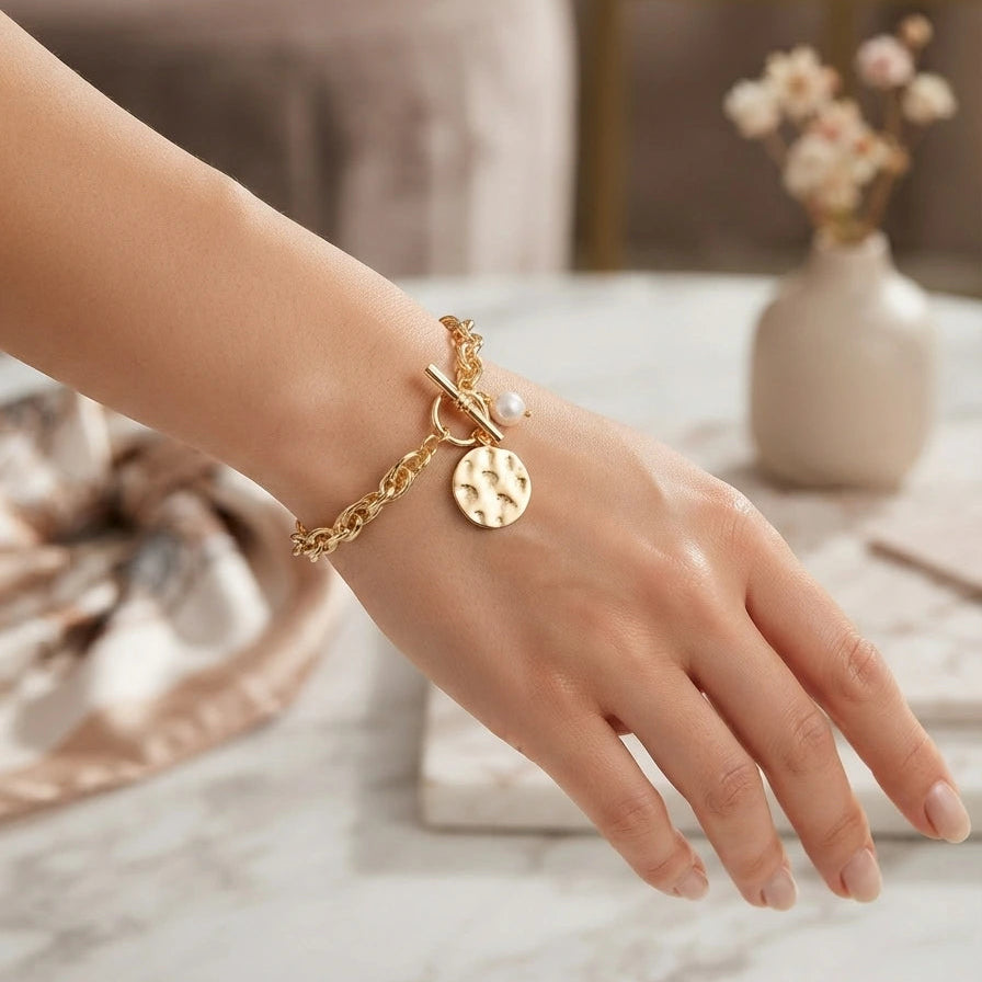 Bracelet Maillons T-Bar et Médaille Texturée