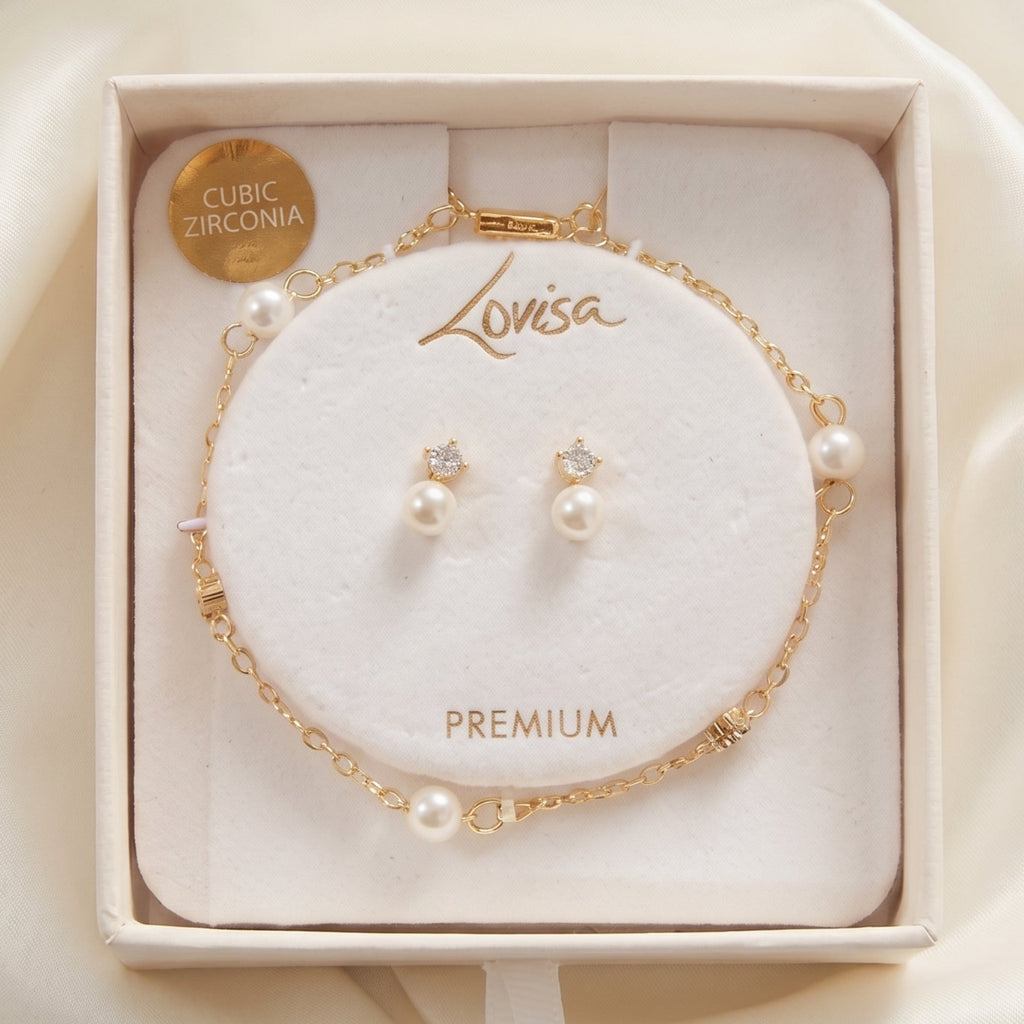 Bracelet Délicat et Boucles d'Oreilles à Perles Blanches
