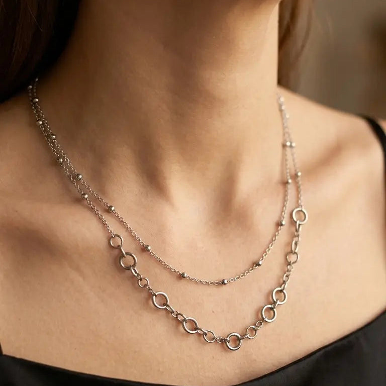 Collier Double Chaîne Design Anneaux Modernes & Perles - Pierre Lannier