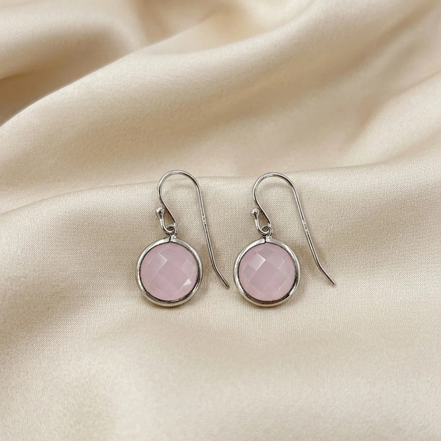 Boucles d'Oreilles en Argent Rhodié et Quartz Rose Facetté – Pierre Lannier