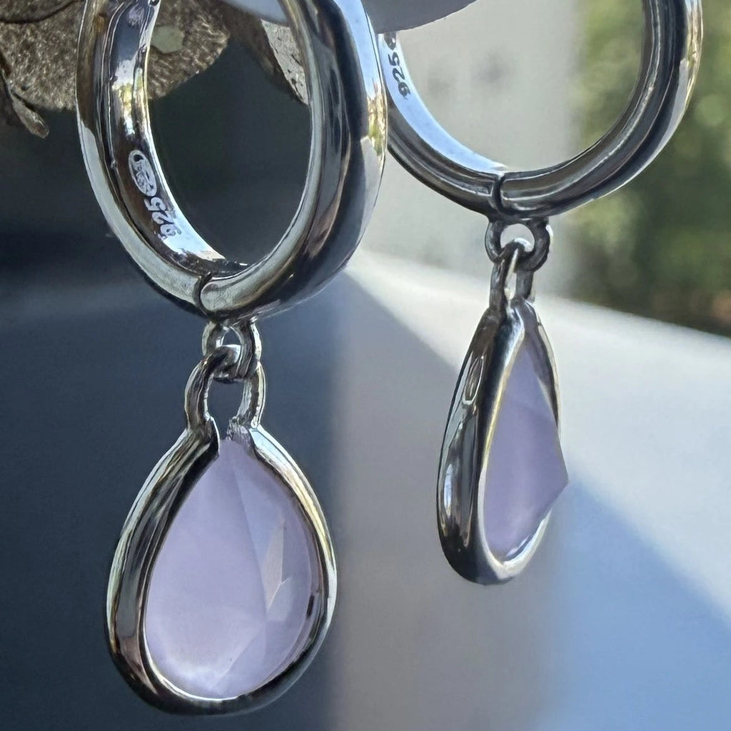 Créoles Goutte en Argent Rhodié et Quartz Rose – Pierre Lannier