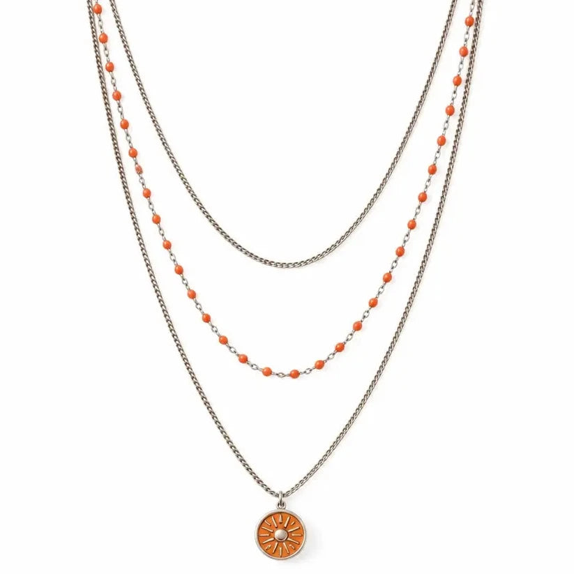 Collier triple rang en acier inoxydable – Pendentif Soleil Émaillé Orange